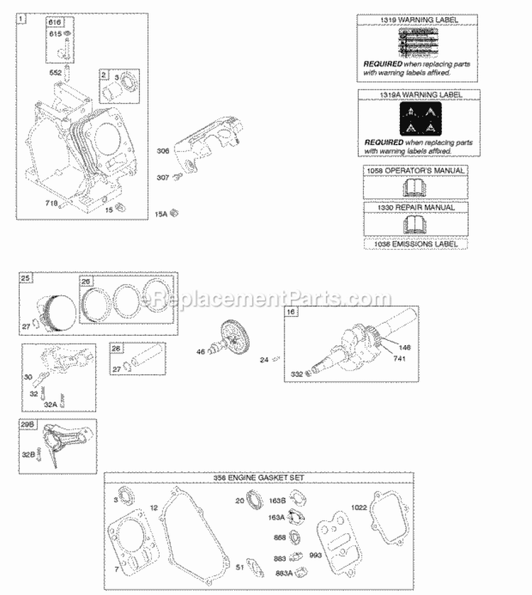 Camshaft Crankshaft Cylinder Piston Group Diagram and Parts List for  Briggs and Stratton Engine